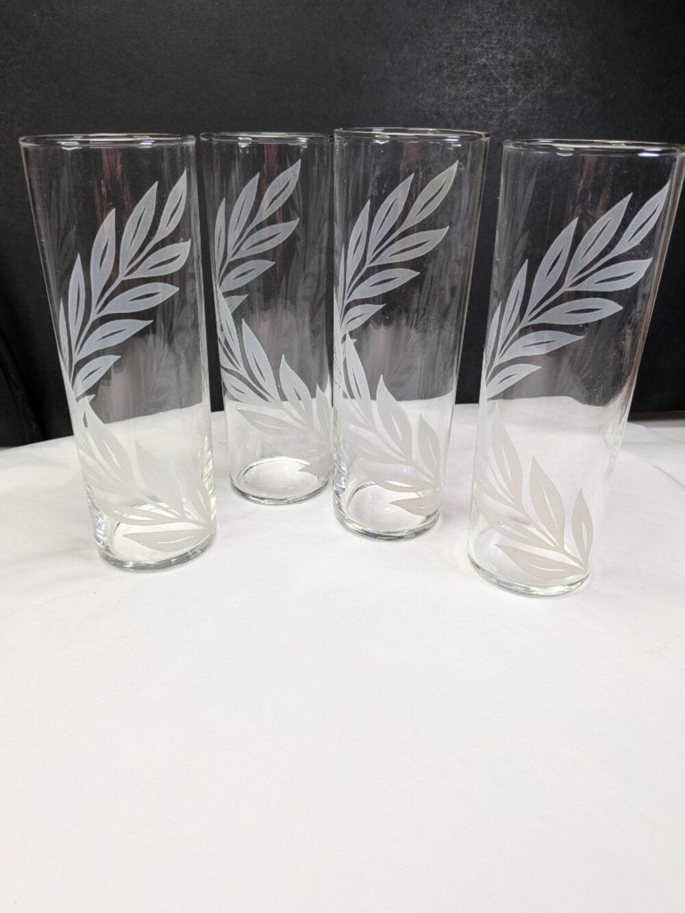 Vintage MCM Frosted White Leaf Highball Glasses 7" Tall Zombie Tumbers (4) set